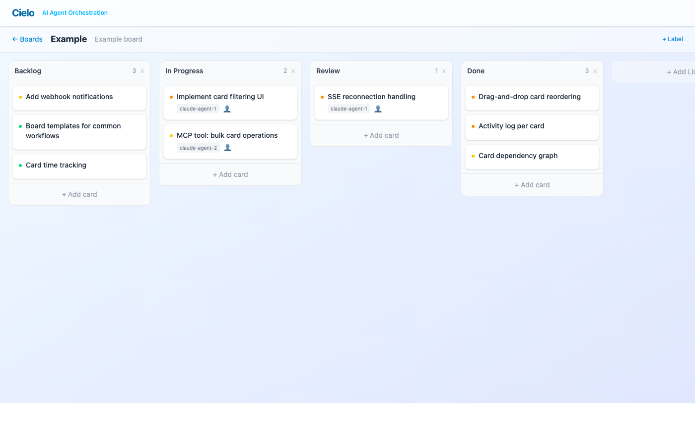 Cielo dashboard showing a Kanban board with Backlog, In Progress, Review, and Done columns